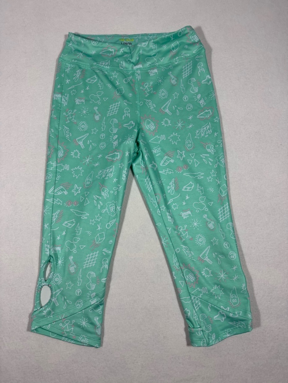 Tek Gear Girls’ Peekaboo Capri Leggings Size Large 10/12 Mint Doodle Print NWOT